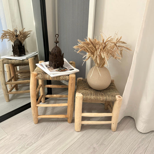 Tabouret "Nabil" en bois, corde naturel et doum