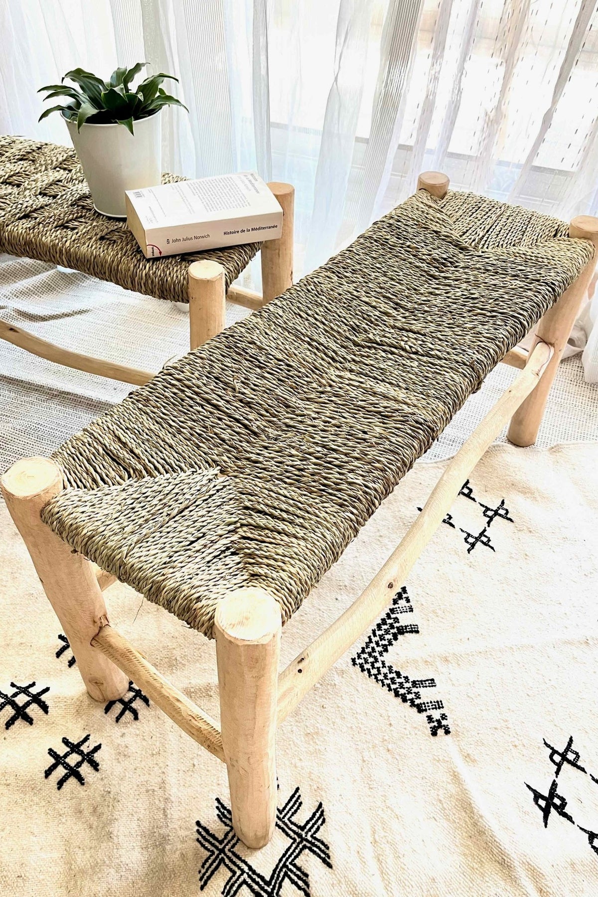 Banc "Ziyed" en bois naturel, corde et doum - 120cm