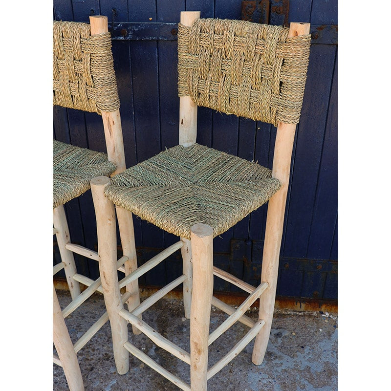 Tabouret / Chaise de bar "Nabil" en bois naturel et corde, doum / H70cm