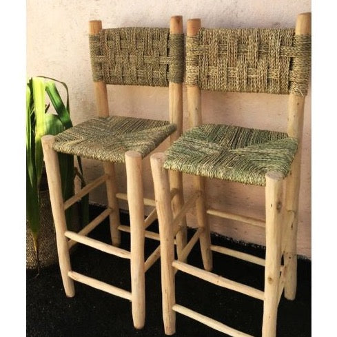 Tabouret / Chaise de bar "Nabil" en bois naturel et corde, doum / H70cm