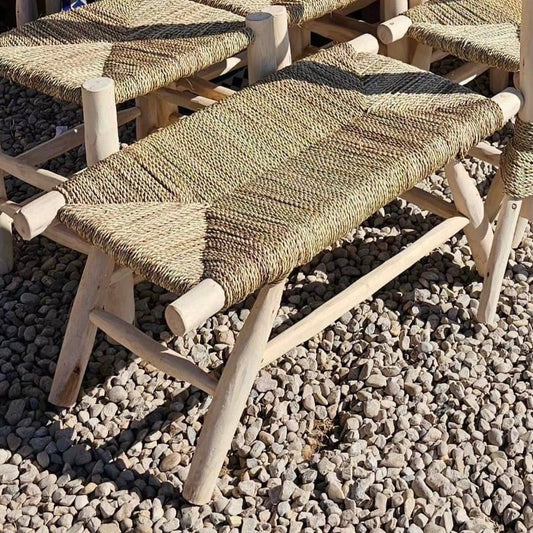 Banc "Moussa" avec pieds obliques en bois naturel, corde et doum - 100cm