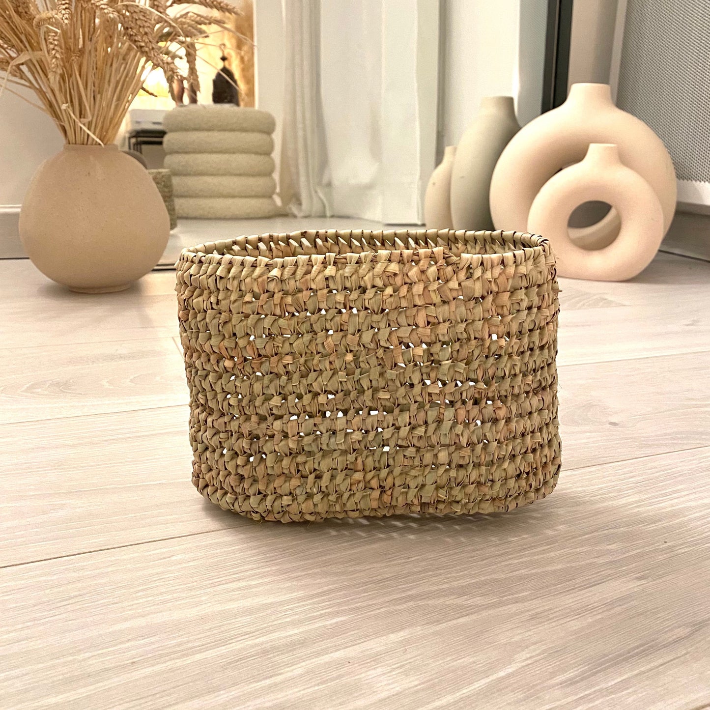 Petit panier de rangement "Tamri" sans anses tressé en paille et doum