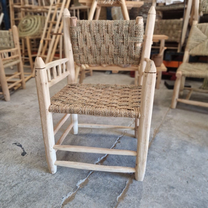 Fauteuil marocain en corde et bois "Qassim" avec dossier inclinable, chaise en bois, fauteuil design