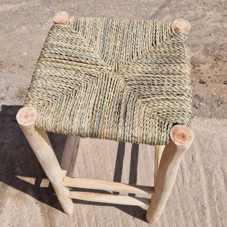 Tabouret haut, de bar "Nabil", en bois d’eucalyptus, chaise de bar en corde naturel et doum, feuille de palmier