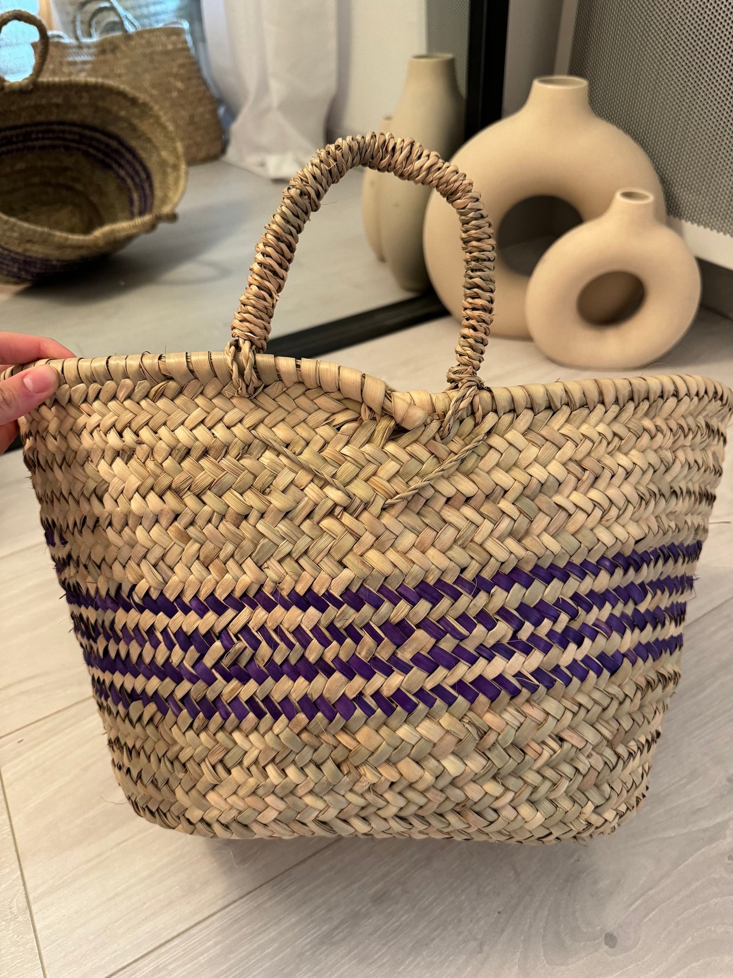 Panier "Akka" en paille et doum bicolore