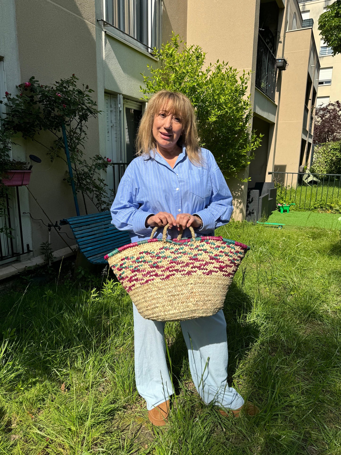 Panier "Driouch" tressé en paille et doum tricolore