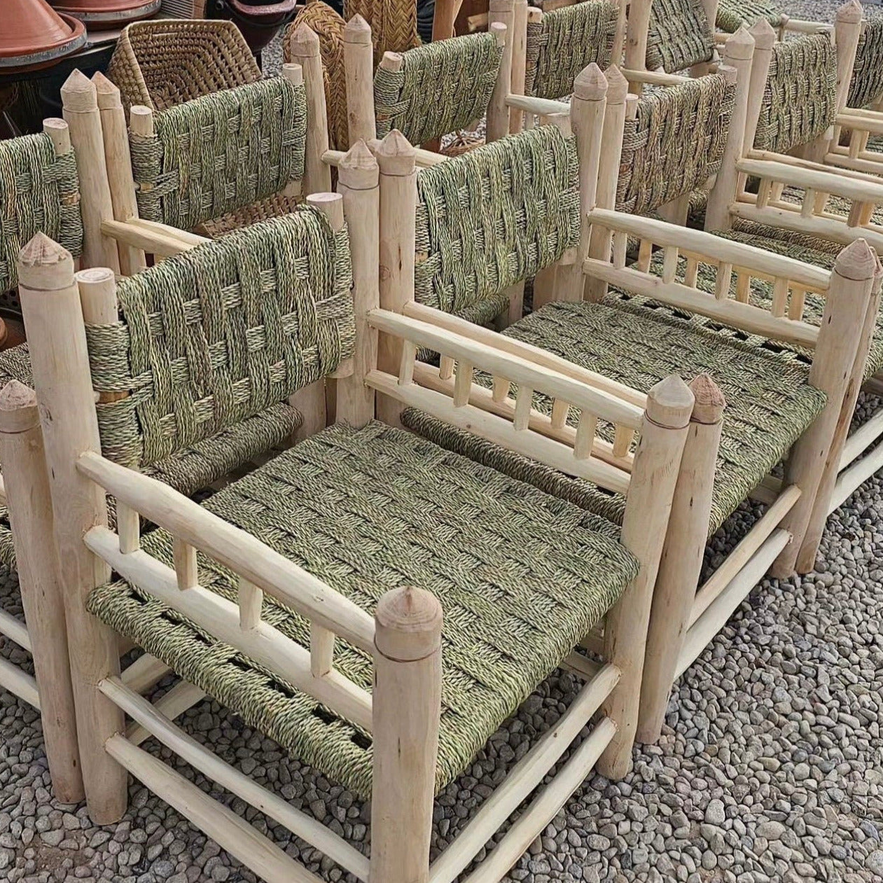 Fauteuil marocain en corde et bois "Qassim" avec dossier inclinable, chaise en bois, fauteuil design