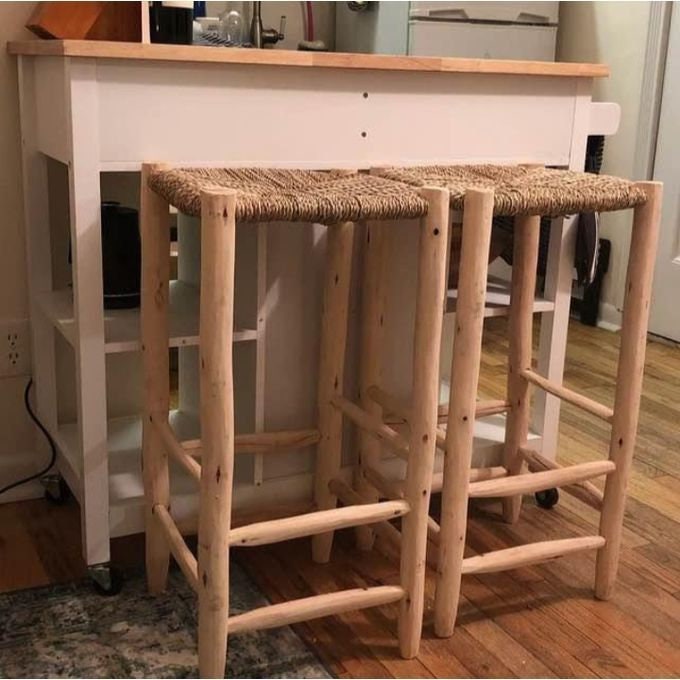 Tabouret haut, de bar "Nabil", en bois d’eucalyptus, chaise de bar en corde naturel et doum, feuille de palmier